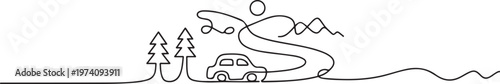 Continuous one line drawing road trip concept. one line art icon drawing vector
