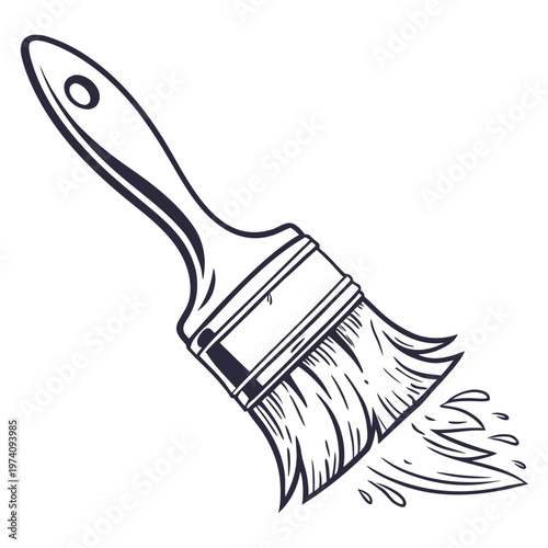 Paintbrush with paint splashes, illustration of artistic expression and creative process, graphic for art projects and supplies.
