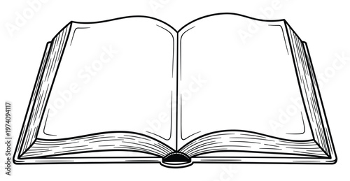 Outline drawing of an open book with blank pages ready for personalized content, perfect for educational resources, literary designs, or storytelling projects