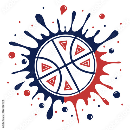 Basketball ball splash vector graphic with dynamic ink spray and athletic theme in red and navy blue colors for sports competition logo branding.