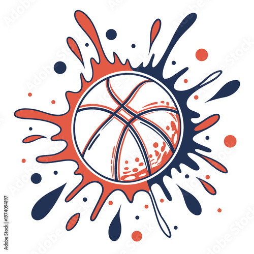 Abstract basketball splash illustration with orange and navy blue paint drips around ball outline for modern sport apparel design or team posters.