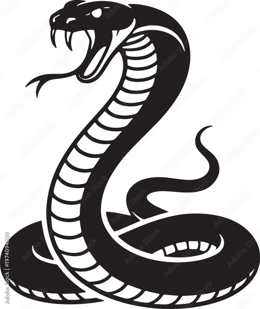 Fototapeta premium Black cobra snake striking with open mouth and forked tongue stylized black snake