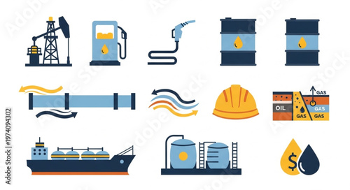 Oil Industry Icons - Rig, Pump, Tanker, and Safety Gear.