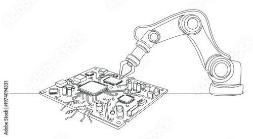 Robotic arm precisely assembling electronic components onto a circuit board in a continuous line graphic, ideal for technology, manufacturing, and automation concepts