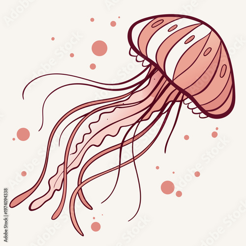 A pink jellyfish with long tentacles and small bubbles on a light background. isolated hand drawn outline vector doodle illustration.