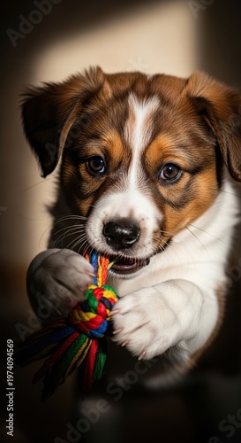 Adorable Puppy Engaged in Playful Activity with Colorful Toy.