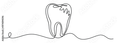 Continuous single line drawing portraying a human tooth structure ideal for dental education materials medical industry presentations and oral hygiene awareness campaigns