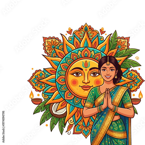 Sinhala and Tamil New Year Woman in Traditional Saree Greeting with Sun Mandala, Diyas, and Coconut for Aluth Avurudda and Puthandu Celebration