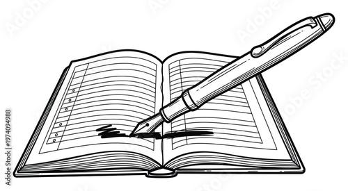 Open book with ruled pages being written on by a traditional fountain pen, perfect for educational content, stationery promotions, historical themes, or creative writing inspiration.