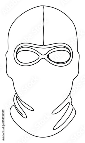 A minimalist continuous line drawing depicting a balaclava or ski mask covering the head and neck with distinct eye openings, suitable for themes of anonymity, protection, and cold weather