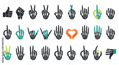 Set of human skeleton hands in various positions and gestures, providing a unique and edgy design element for halloween or other spooky-themed projects. Each hand is detailed.