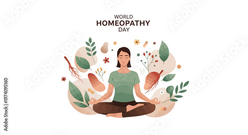 Watercolor vector illustration depicting World Homeopathy Day with a meditating woman surrounded by herbal elements against a clean white backdrop, conveying a holistic health concept