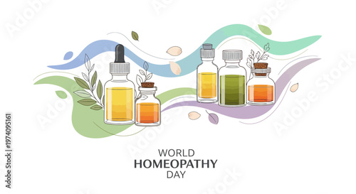 Illustrated vector design for World Homeopathy Day showing a row of various bottles with herbal medicine against an abstract background with flowing shapes, creating a holistic health