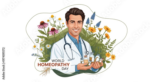 A smiling doctor in a white coat holds homeopathy remedies against a backdrop of herbal plants and flowers, celebrating World Homeopathy Day with a vector design promoting alternative