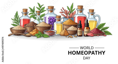 A colorful vector illustration celebrates World Homeopathy Day, displaying an assortment of homeopathic remedies like essential oil bottles, herbal powders, and plant leaves against a clean