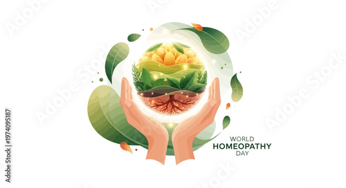 Watercolor-style illustration depicting World Homeopathy Day, showing hands cupping a sphere representing the earth with layered soil, roots, plants, and flowers, set against a clean white