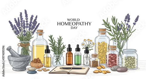 On World Homeopathy Day, a diverse collection of herbal medicine in glass bottles and a mortar and pestle are displayed with sprigs of lavender, conveying a holistic health concept
