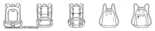 Assorted outline drawings of backpacks and drawstring bags, perfect for travel, school, sports, and outdoorthemed projects, suitable for icons, prints, and digital designs.