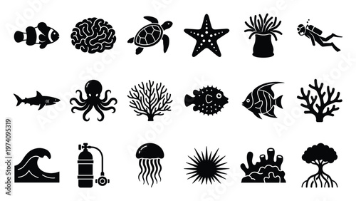 A comprehensive collection of diverse marine life and underwater elements in black and white silhouettes perfect for oceanthemed educational materials and aquatic environment designs.