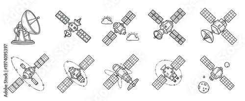 Hand drawn outline collection of various communication and weather satellites with a radar dish for technological and scientific exploration applications