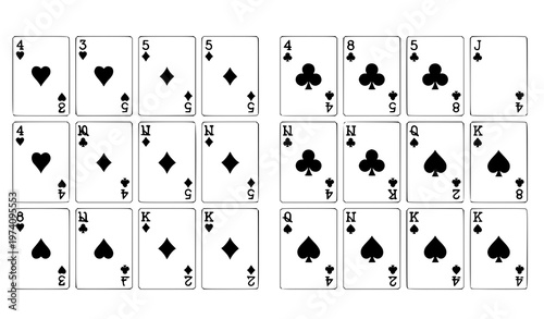 Full poker playing cards deck vector set with hearts diamonds clubs and spades isolated on white