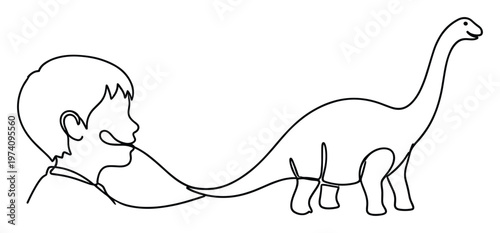 Continuous line drawing of a young childs profile facing a friendly longnecked dinosaur, perfect for childrens books, educational materials, or playful graphic designs.