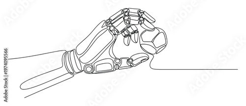 Robotic hand continuous line drawing gripping a futuristic geometric sphere symbolizing artificial intelligence and human interaction with technology applications