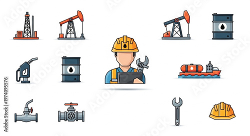Oil Industry Worker with Tools and Oil Industry Icons.