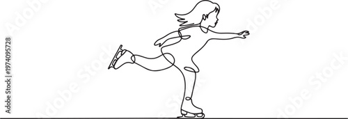 continuous line drawing of young girl playing ice skating in the ice area isolated on white background. one line art icon drawing vector