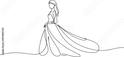 Beautiful woman in long flowing dress in continuous line art drawing style. Girl wearing luxury evening or bridal gown. one line art icon drawing vector