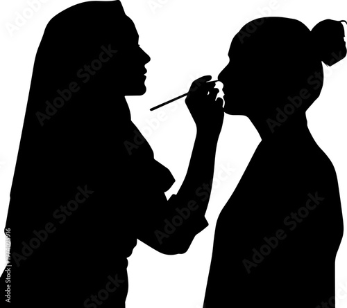 Silhouette of a Makeup Artist Applying Cosmetics to a Woman Face Profile View Black Vector Illustration