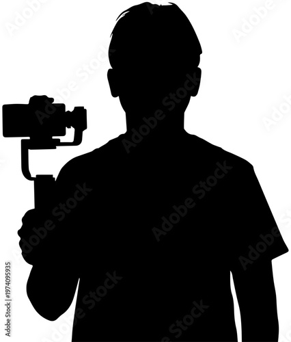 Silhouette of a Videographer Holding a Camera on a 3-Axis Gimbal Stabilizer