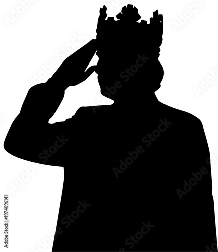 Black Silhouette of a King Wearing a Crown Saluting on Isolated White Background