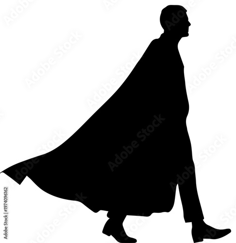 Man Wearing Long Flowing Cape Silhouette Walking Profile View Heroic Vector Illustration Isolated on White