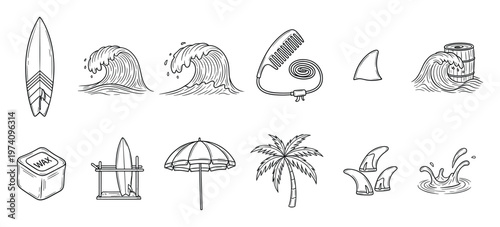 Hand drawn surfing and beach vacation essentials set includes surfboards waves shark fin and palm tree ideal for travel blogs or summer holiday event promotions