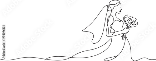 Bride holding a bouquet continuous line drawing.One line bride silhouette side view wearing a wedding dress. one line art icon drawing vector