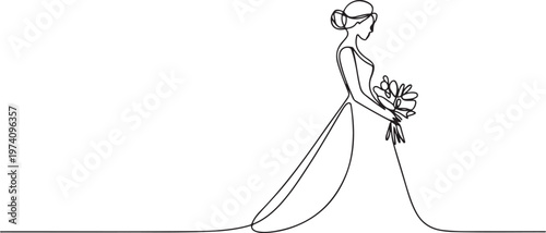 Bride holding a bouquet continuous line drawing.One line bride silhouette side view wearing a wedding dress. one line art icon drawing vector