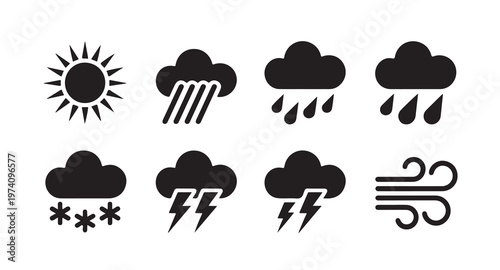 Weather forecast icon set for different climate conditions including sun, rain, snow, and wind