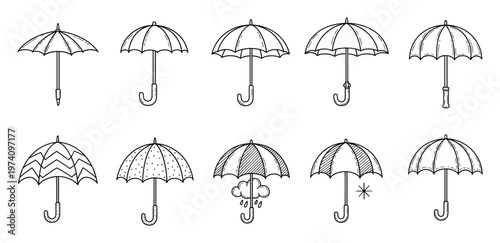 Collection of hand drawn outline umbrellas featuring different handles and decorative canopy designs perfect for weather themed projects and seasonal graphic accents