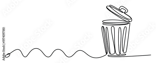 Fluid continuous line depiction of an open garbage bin with a dynamic trailing line, ideal for conveying ideas about sustainability, waste reduction, and organization in contemporary