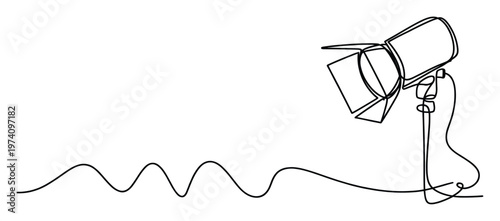 Single continuous line drawing of a professional studio spotlight with barn doors, perfect for film production, photography sessions, or live show branding and promotional graphics.