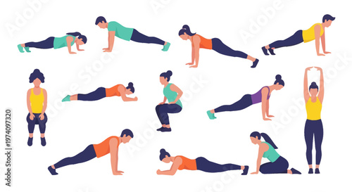People doing various yoga poses exercises.