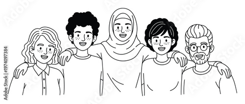 Diverse group of smiling friends including an Arab woman in a hijab standing together, symbolizing friendship, unity, and community for social media graphics and educational materials