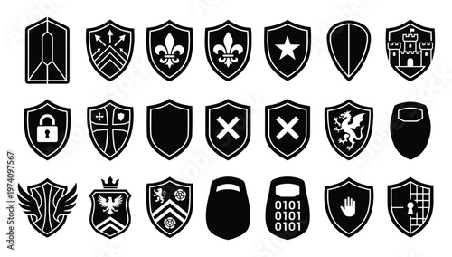 A diverse collection of heraldic shield emblems and security icons, perfect for representing protection, defense, historical legacy, or modern digital safeguarding in various graphic