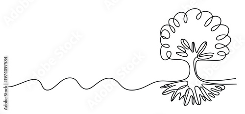 Minimalist continuous line drawing of a vibrant tree with flowing roots and a winding path, symbolizing nature, growth, and connection, perfect for corporate identity, environmental