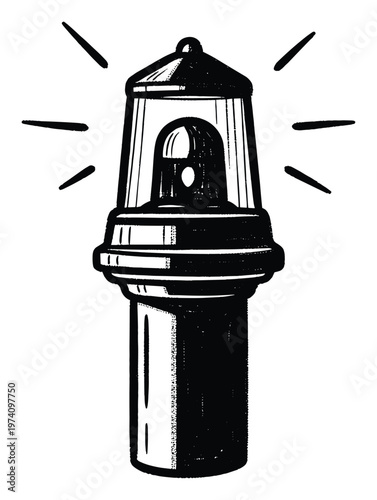 Classic black and white hand drawn illustration of a beacon light emitting guiding rays for maritime navigation or safety signage applications