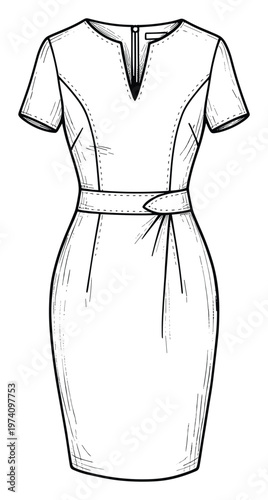Elegant shortsleeved pencil dress with a Vneck and belted waist, perfect for professional attire, apparel design inspiration, and garment manufacturing documentation