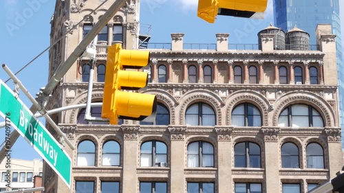 New York City Broadway street sign on Manhattan, United States. Urban road sign in american city. Traffic sign in Midtown. Building architecture in ladies mile historic district near Union Square.