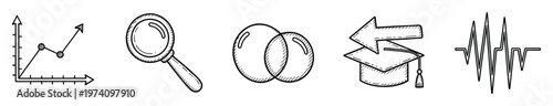 Doodle style icons depicting business growth analytics, detailed research, data intersection, educational journey, and health monitoring for various informational projects