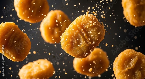 Crispy golden chicken nuggets flying through air with crumbs on dark background.